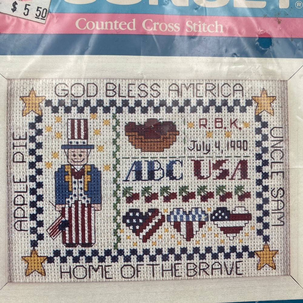 VTG 1989 SEALED Sunset Cross Stitch Uncle Sam Sampler 7x5" USA #16531